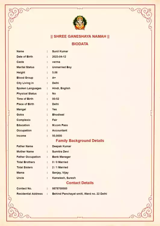 female marriage biodata format