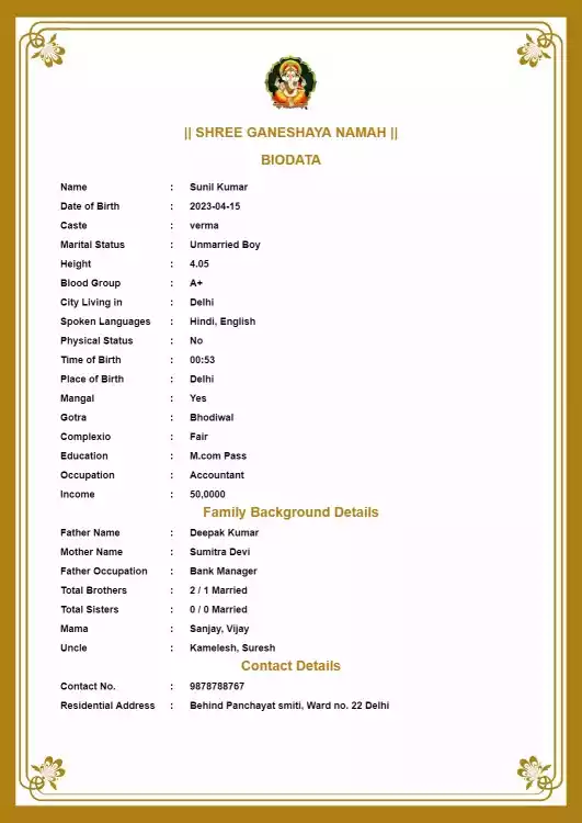 biodata format for marriage purpose