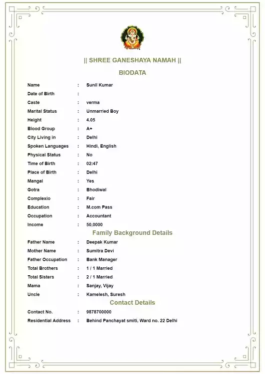 biodata format for marriage for girl