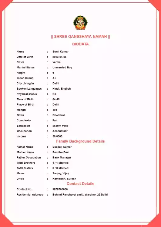 marriage biodata format pdf